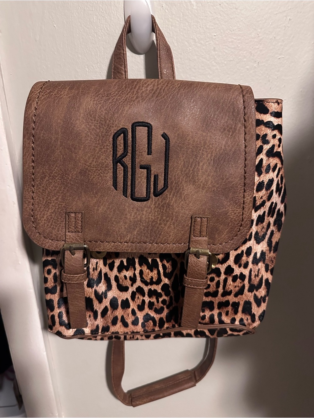 Leopard Print Brown Faux Leather Mini Backpack with Monogram